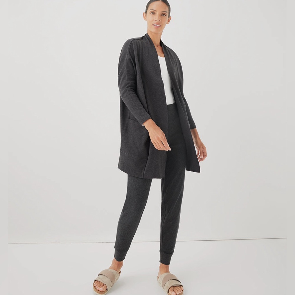 NWT Pact 100% Organic Cotton Charcoal Gray Open Front longline Airplane Cardigan